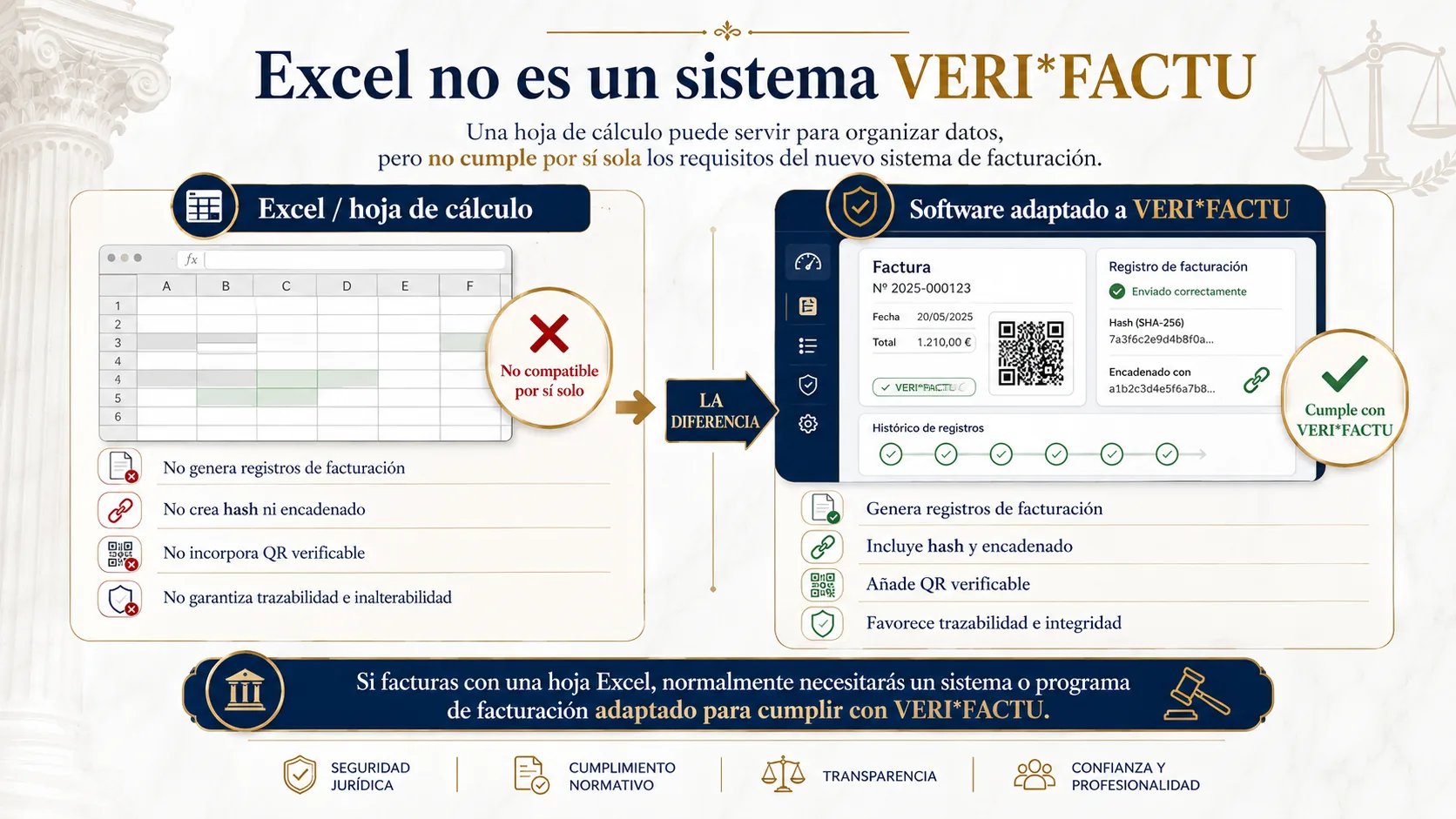 Comparativa visual entre facturar con Excel y emitir con software Verifactu: Excel no genera hash, QR oficial, registro de eventos ni declaración responsable.