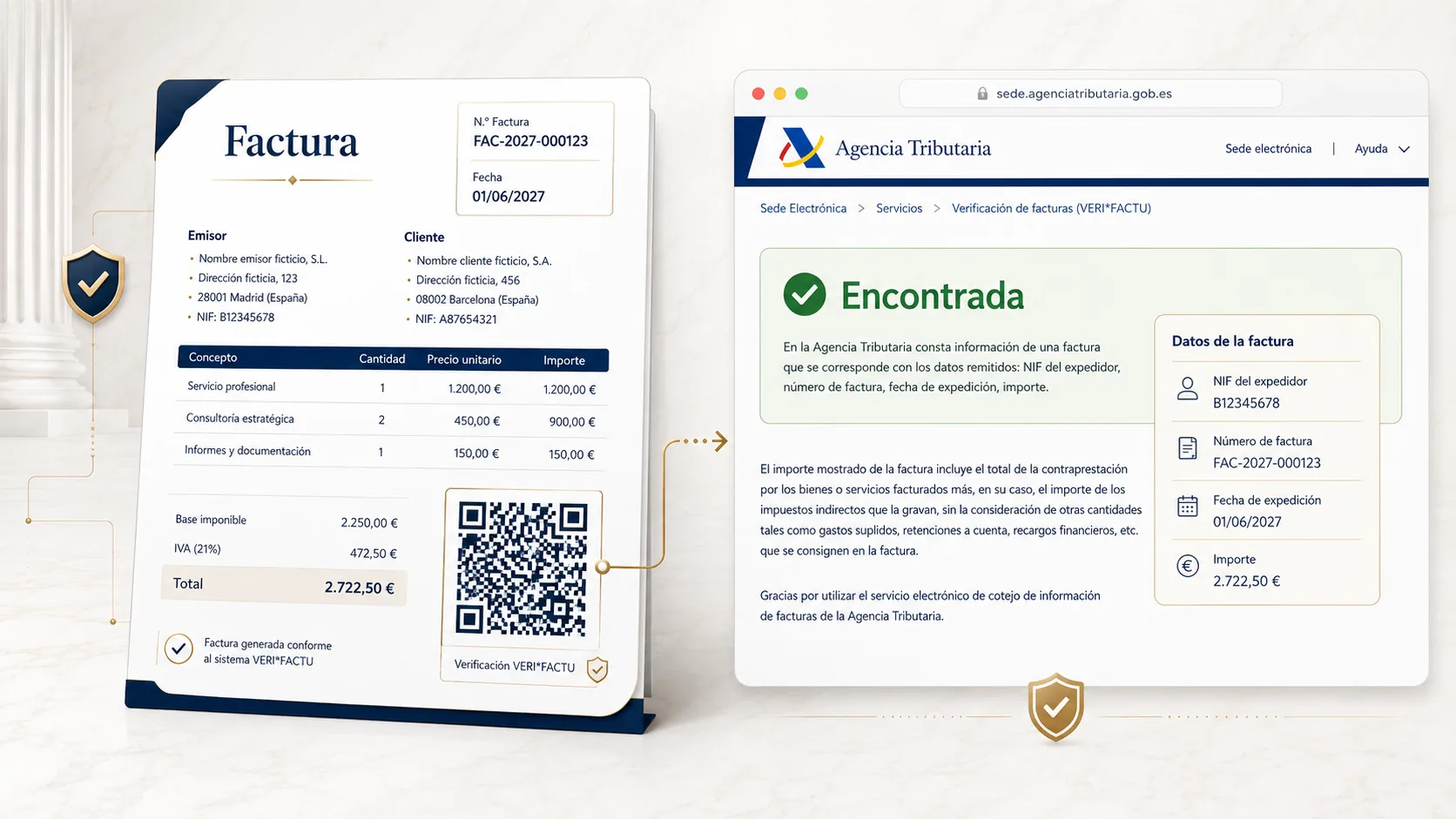 Ejemplo visual de una factura Verifactu con código QR ficticio, hash encadenado y referencia al registro enviado o conservado para la AEAT.