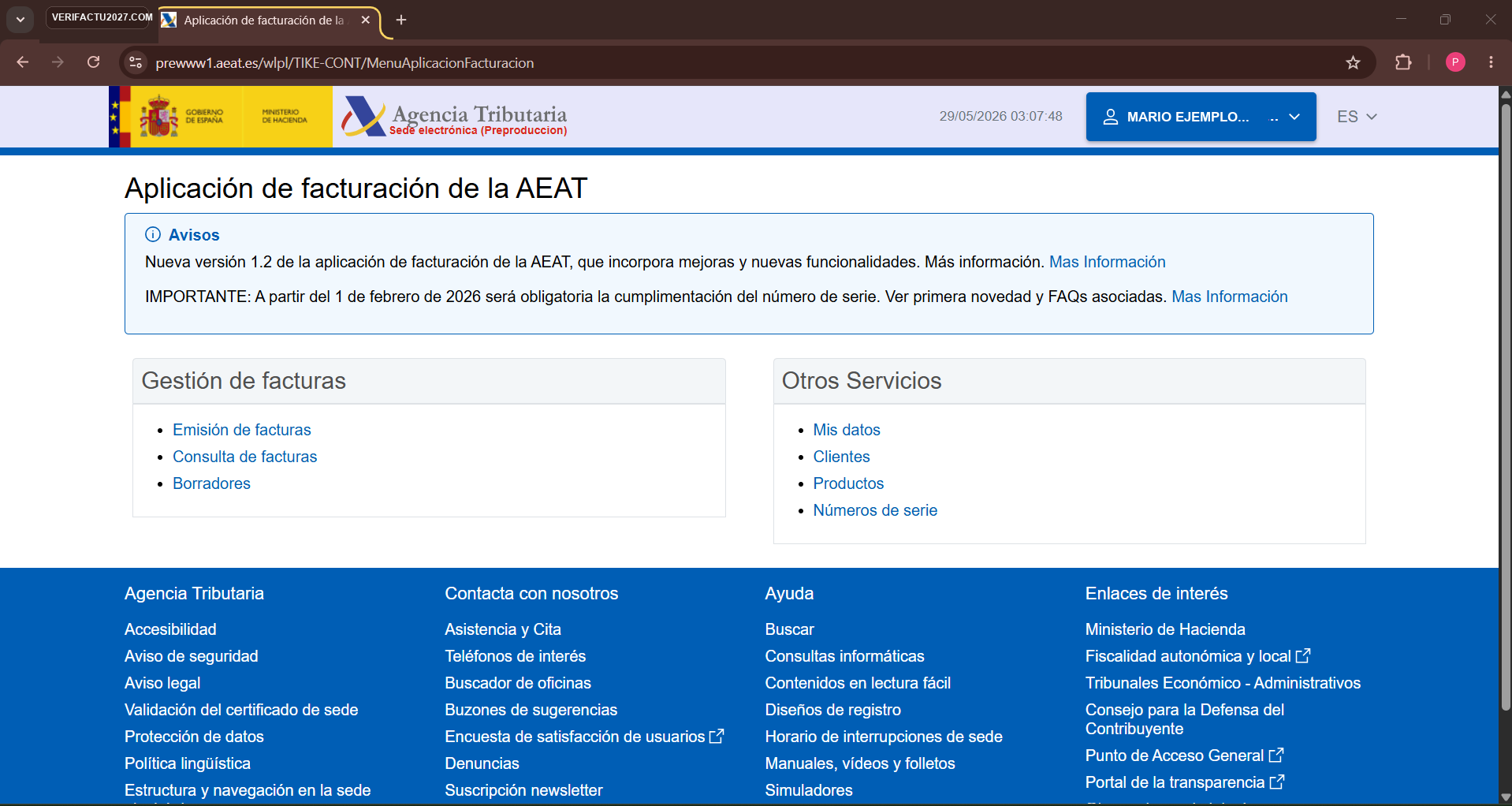 Menú principal de la aplicación de facturación de la AEAT con los bloques «Gestión de facturas» (Emisión de facturas, Consulta de facturas, Borradores) y «Otros Servicios» (Mis datos, Clientes, Productos, Números de serie).