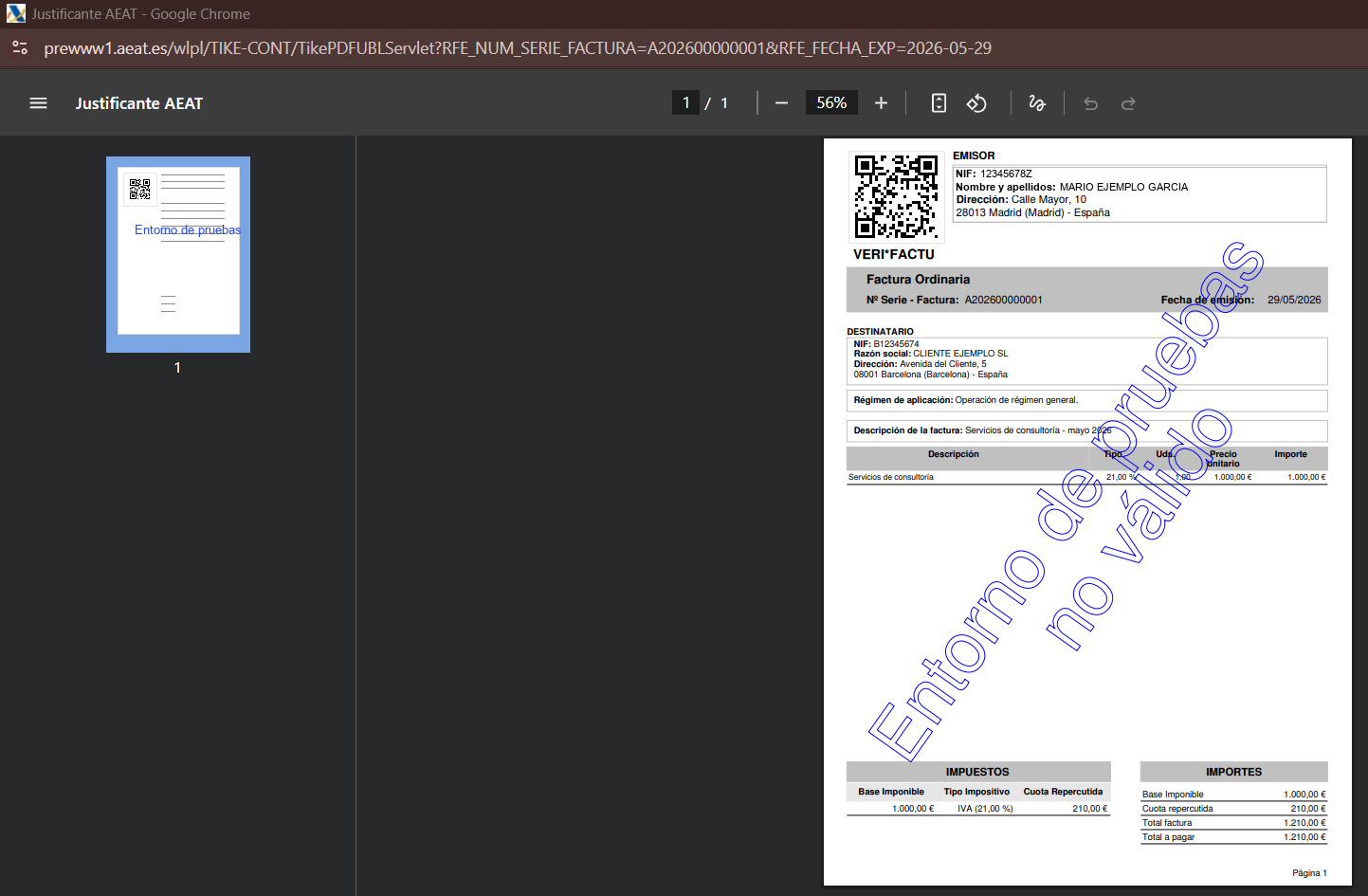 Justificante PDF de la factura VERI*FACTU con código QR en la esquina superior, datos de emisor y destinatario, descripción e importes (base 1000 €, cuota 210 €, total 1210 €). Lleva la marca de agua «Entorno de pruebas — no válido».